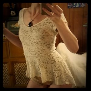 High low white ruffle lace shirt blouse